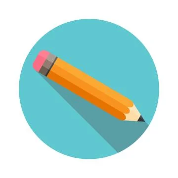 Pencil with eraser. Flat Design. Long shadow. Circle frame. Isolated Stock Illustration