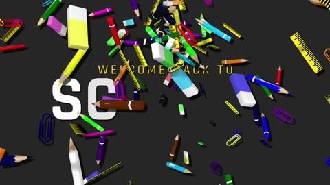 Pencil, Eraser, Pin and Scale Blast Slow Motion, Back to School Text Appears Stock Footage 201866753