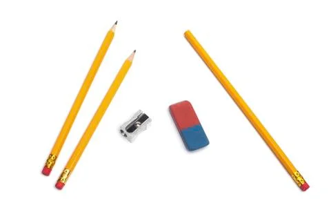 Pencil, eraser rubber, sharpener Stock Photos
