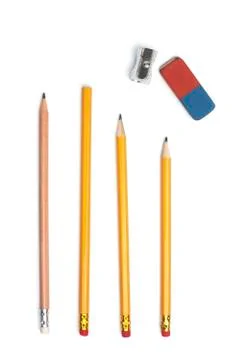 Pencil, eraser rubber, sharpener Stock Photos