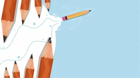 Pencil flying upward between sharp pencils drawing path Stock Footage 312003071