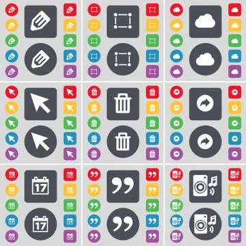 Pencil, Frame, Cloud, Cursor, Trash can, Back, Calendar, Quotation mark, Speaker Stock-Illustration