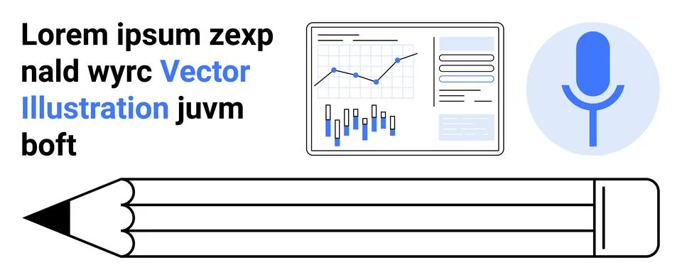 Pencil, graph on screen with increasing and decreasing data points, dictionar Illustrazione stock