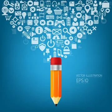 Pencil icon. Flat abstract background with web icons. Interface symbols. Cloud 스톡 일러스트