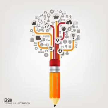 Pencil icon. Flat abstract background with web icons. Interface symbols. Cloud Stock Illustration