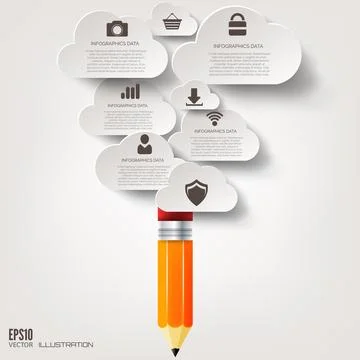 Pencil icon. Flat abstract background with web icons. Interface symbols. Cloud Illustrazione stock