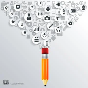 Pencil icon. Flat abstract background with web icons. Interface symbols. Cloud Illustrazione stock