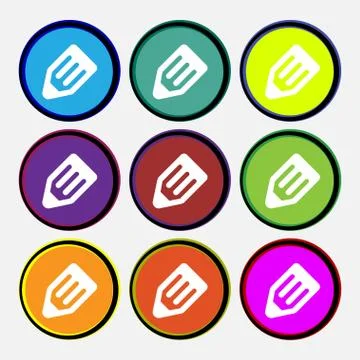Pencil icon sign. Nine multi colored round buttons. Vector Illustrazione stock