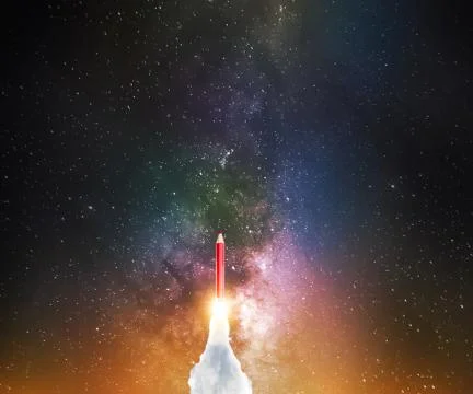 Pencil with jet rocket engine rush to space Stock Photos