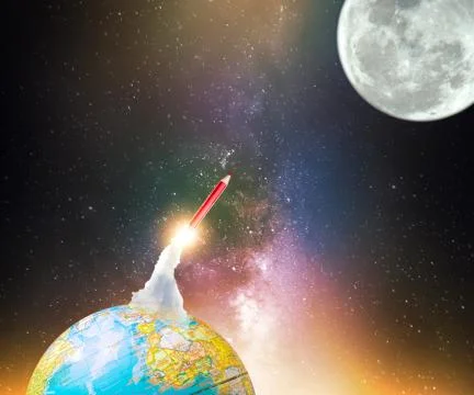Pencil with jet rocket engine rush to space 写真素材