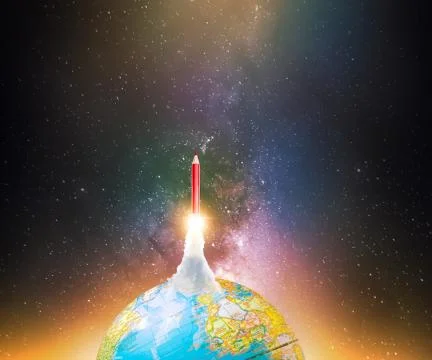 Pencil with jet rocket engine rush to space Foto stock