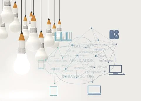 Pencil lightbulb 3d and cloud network diagram as concept イラスト素材