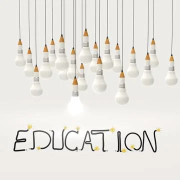 Pencil lightbulb 3d and design word education as concept Stock Illustration