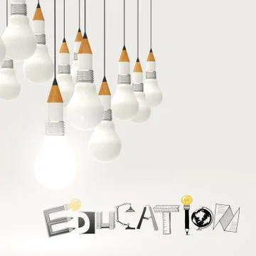 Pencil lightbulb 3d and design word education as concept Stockillustratie