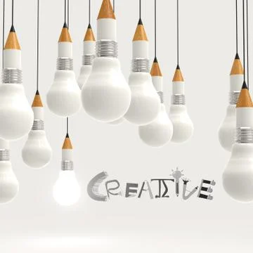 Pencil lightbulb 3d and design word creative as concept Illustrazione stock