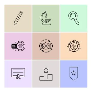 Pencil , microscope , search , tag , star , certificate , dollar,  positions  Stock Illustration