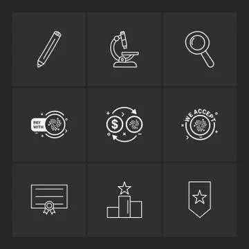 Pencil , microscope , search , tag , star , certificate , dollar,  positions  Stock Illustration