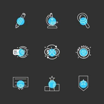 Pencil , microscope , search , tag , star , certificate , dollar,  positions  Stock Illustration
