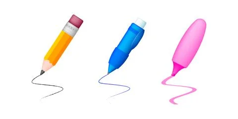 Pencil, pen and highlighter, office or learning stationery in 3d style. Wri.. Illustrazione stock