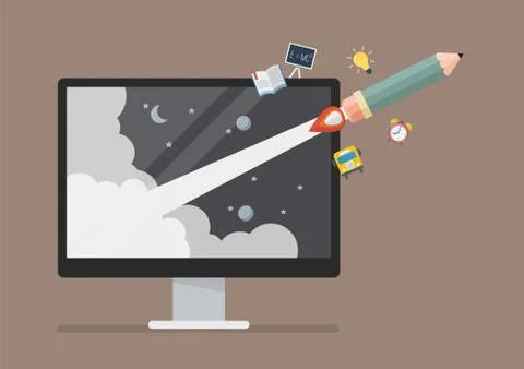 Pencil rocket launch out of computer monitor 库存插图