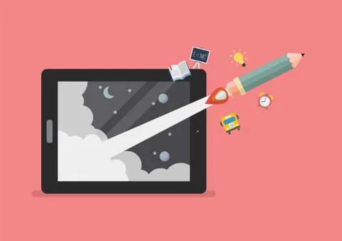 Pencil rocket launch out of computer tablet Stock Illustration