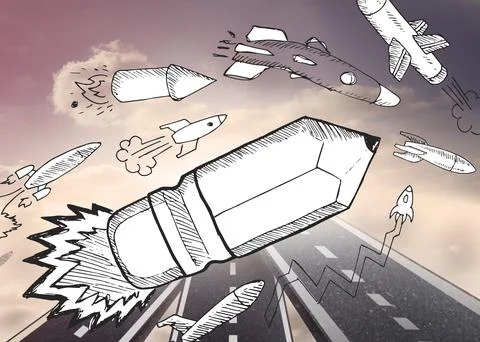 Pencil rocket over streets in sky Ilustração Stock