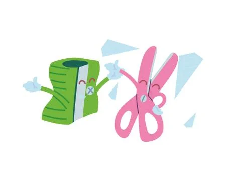 Pencil sharpener and scissors with happy face cartoon Stock Illustration