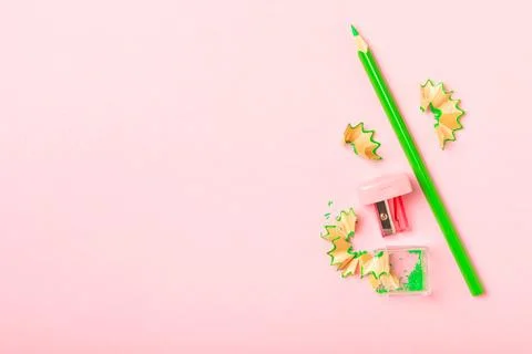 Pencil sharpener on background. Pencil and pencil shavings Stock-Fotos