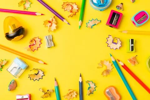 Pencil sharpener on bright colored background. Stock-Fotos