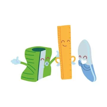 Pencil sharpener, ruler and eraser with happy face cartoon Stock Illustration