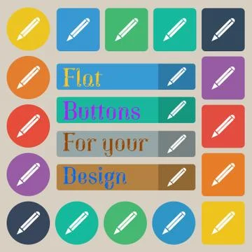 Pencil sign icon. Edit content button. Set of twenty colored flat, round, square Stock Illustration
