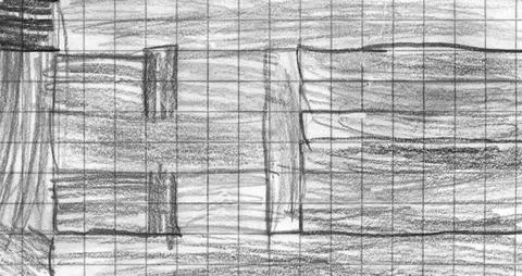 Pencil Sketch Architecture Blueprint on Squared Grid Paper Sheet Close Up T.. Stock Illustration