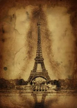 Pencil Sketch of Eiffel Tower with Pool Reflection Illustrazione stock