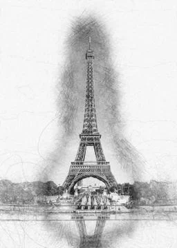Pencil Sketch of Eiffel Tower with Pool Reflection Illustrazione stock