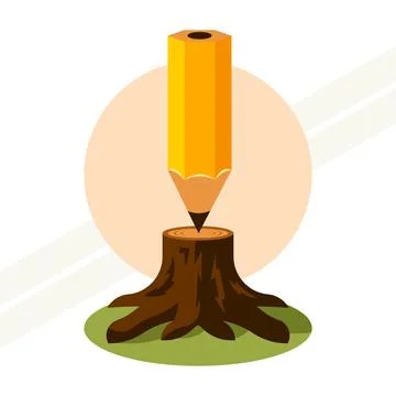 Pencil-standing-on-a-tree-trunk Stock Illustration