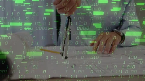 Pencil starting man's hands aligning plan using compass drawing green overlay Stock Footage 333233917