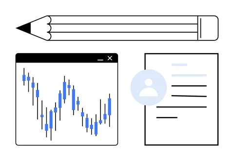 Pencil, stock chart with candlestick data, document with profile icon represe Stock Illustration