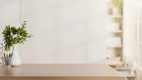 Pencil in storage box and ceramic plant vase on wooden table across living .. Stock Illustration