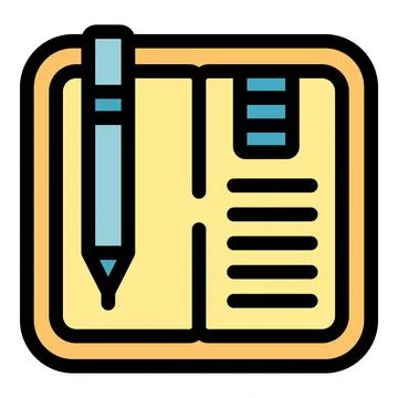 Pencil taking notes in open notebook with bookmark icon Stock Illustration
