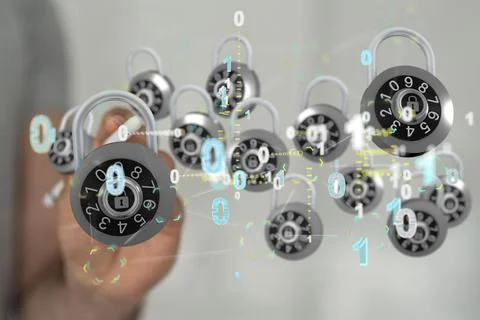 Pencil tapping on a screen with 3D rendered security locks Stockfoto's