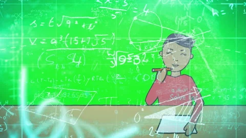 Pencil touching paper causing boy writing math symbols floating on chalkboard Stock Footage 315534133