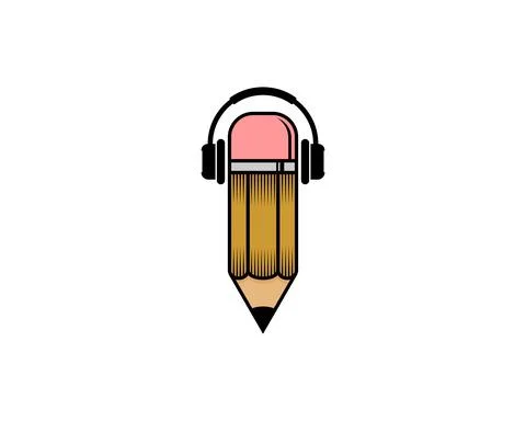 Pencil using headphone illustration 스톡 일러스트