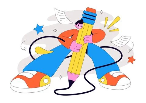 Pencil Vector Illustration featuring Creative Student Holding a Giant Penci.. Stock Illustration
