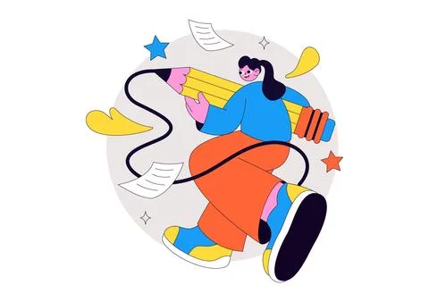 Pencil Vector Illustration featuring Creative Student Holding a Giant Penci.. Stock Illustration