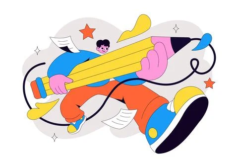 Pencil Vector Illustration featuring Creative Student Holding a Giant Penci.. Stock Illustration