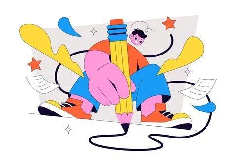 Pencil Vector Illustration featuring Creative Student Holding a Giant Penci.. Stock Illustration