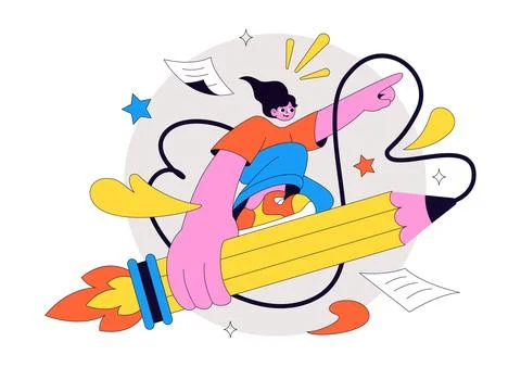 Pencil Vector Illustration featuring Creative Student Holding a Giant Penci.. Stock Illustration
