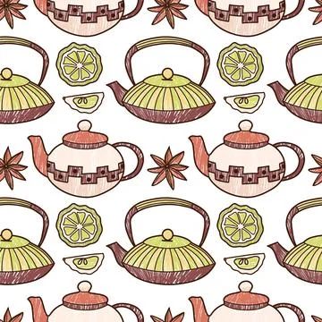 Pencil vector seamless pattern cup and teapot Stock Illustration
