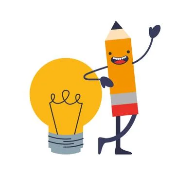Pencil write with light bulb kawaii Stock Illustration