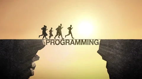 Pencil write 'Programming', connecting the cliff. Businessman crossing cliff. Stock Footage